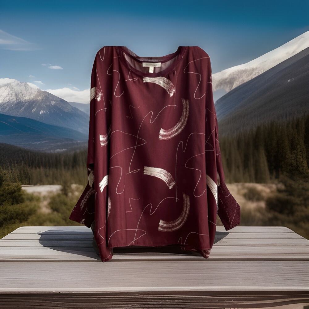 New Grade & Gather Harvest Print Burgundy/Wte Blouse Wide Elastic Smocked Wrist